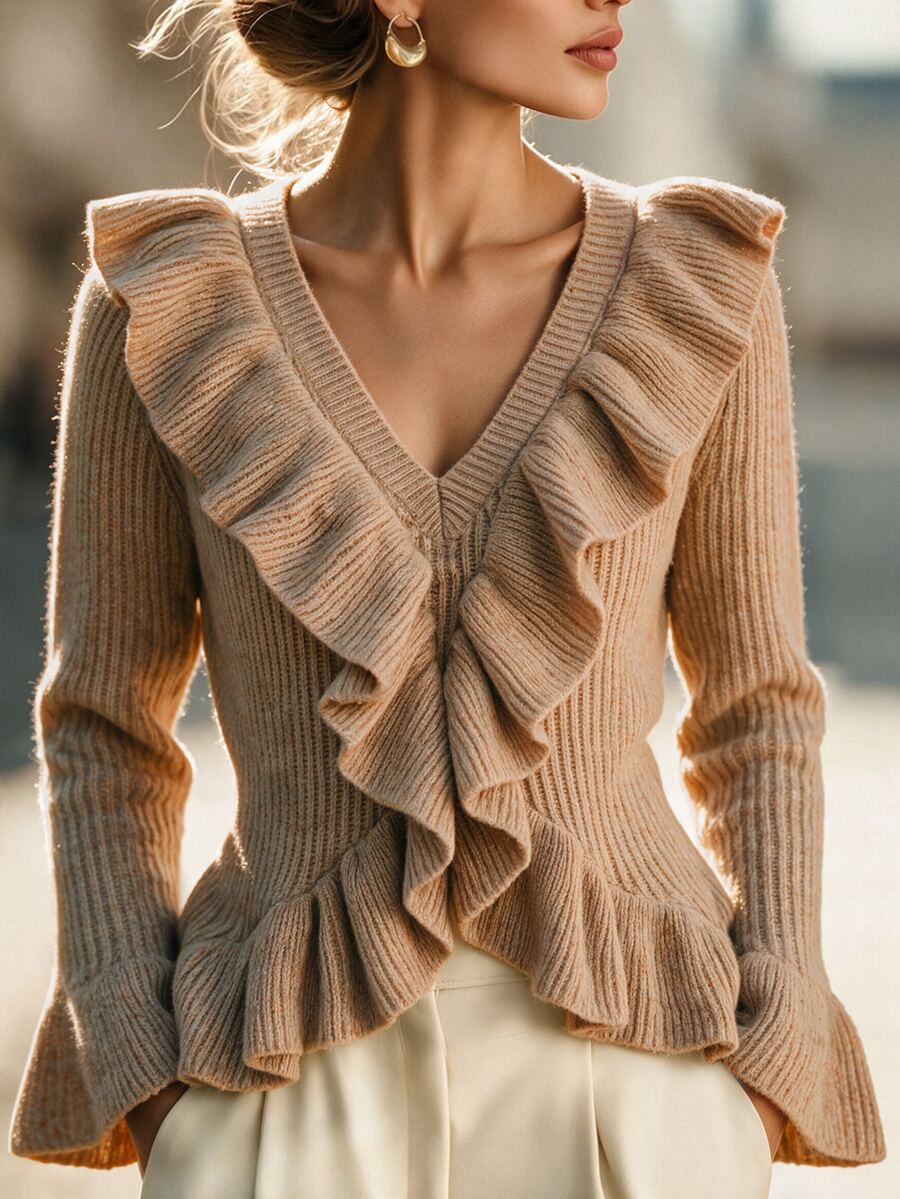 Balvessa Women's Chunky Ribbed V-Neck 3D Wavy Ruffle Waist Asymmetrical Fishtail Flared Hem Long Sleeve Sweater, Fall Party Date Night Camel Romantic Elegant - Khaki - View 1