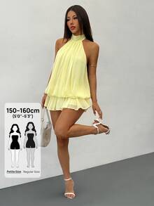 SHEIN PETITE Women's Elegant Pale Yellow Halter Neck Tie Mini Dress, Suitable For Party, Date, Autumn/Winter, Spring/Summer - Yellow - View 10