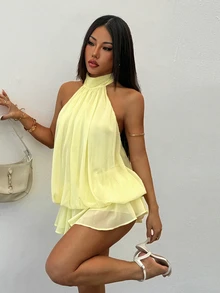 SHEIN PETITE Women's Elegant Pale Yellow Halter Neck Tie Mini Dress, Suitable For Party, Date, Autumn/Winter, Spring/Summer - Yellow - View 4