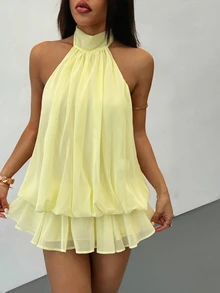 SHEIN PETITE Women's Elegant Pale Yellow Halter Neck Tie Mini Dress, Suitable For Party, Date, Autumn/Winter, Spring/Summer - Yellow - View 7