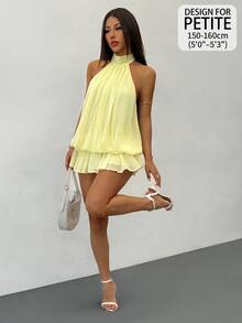 SHEIN PETITE Women's Elegant Pale Yellow Halter Neck Tie Mini Dress, Suitable For Party, Date, Autumn/Winter, Spring/Summer - Yellow - View 1
