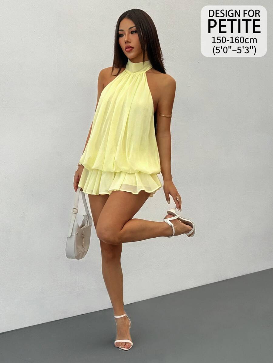 SHEIN PETITE Women's Elegant Pale Yellow Halter Neck Tie Mini Dress, Suitable For Party, Date, Autumn/Winter, Spring/Summer - Yellow - View 1