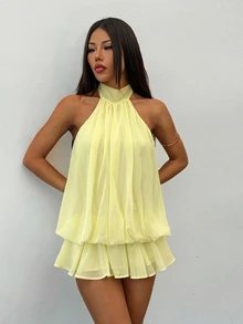 SHEIN PETITE Women's Elegant Pale Yellow Halter Neck Tie Mini Dress, Suitable For Party, Date, Autumn/Winter, Spring/Summer - Yellow - View 8
