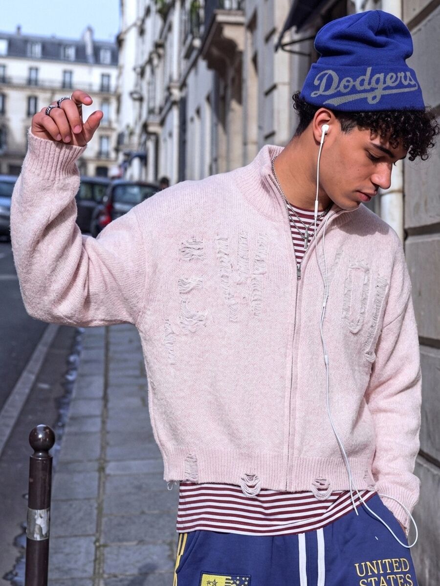 NEOSTRIT Autumn/Winter New Men's Cardigan Distressed Zipper Long Sleeve Versatile Sweater Goth,Y2k,Streetwear - Pink - View 1