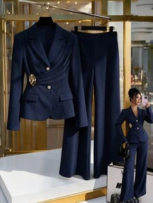 Elenzga Spring New Navy Blue Elegant Commuter Elegant Waist-Cinching Flared Pants With Decorative Buckle Design Pleated Women's 2 Pieces Set - Navy Blue - View 8