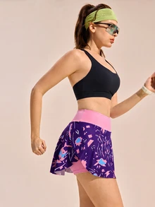 Exploreva Exploreva 對比色腰帶印花運動短裙褲 - 彩色 - 查看 7