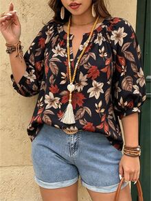 Linhara Fashion Casual Vacation Vintage Elegant Commute 3/4 Sleeve Blue Printed Blouse Fall - Multicolor - View 4