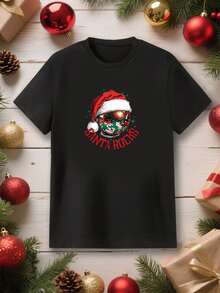 Sorvial Santa Rocks Disco Christmas Ball Print Black Short Sleeve T-Shirt, Creative Rock Christmas Theme Design, Versatile Classic Black Casual Fit, Vibrant Digital Print Craft, Eye-Catching Holiday Party Atmosphere - Black - View 2