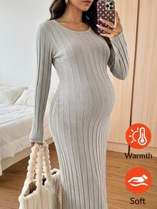 SHEIN Đầm len tay dài phong cách tối giản đa năng cho bà bầu, đi du lịch mùa đông - Màu be - Xem 2