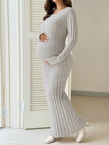 SHEIN Đầm len tay dài phong cách tối giản đa năng cho bà bầu, đi du lịch mùa đông - Màu be - Xem 6