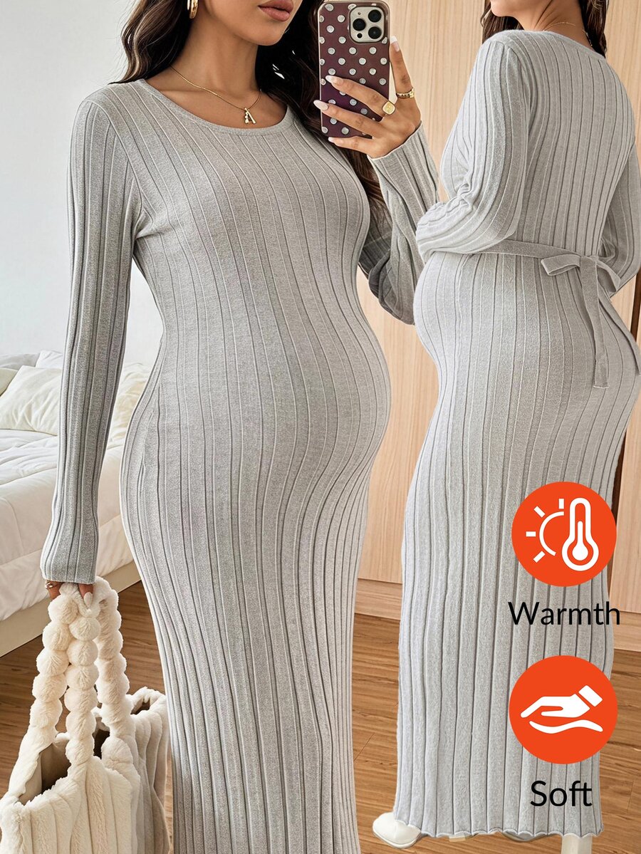 SHEIN Đầm len tay dài phong cách tối giản đa năng cho bà bầu, đi du lịch mùa đông - Màu be - Xem 1