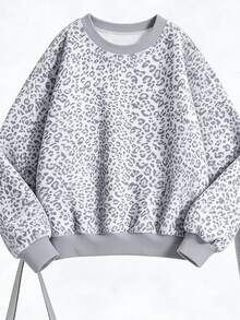 Tween Girls Leopard Print Crew Neck Sweatshirt Set, Personalized Gray Leopard Print Set, Personalized Sweatshirt, Suitable For Autumn/Winter, Daily Streetwear, Casual Styling, Energetic Outfit, Casual Outings, Basic Style, Comfortable And Easy To Wear, Daily Casual - Multicolor - View 6