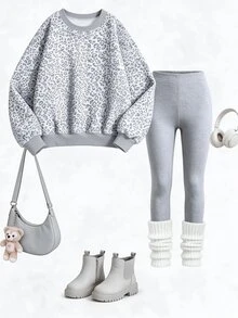 Tween Girls Leopard Print Crew Neck Sweatshirt Set, Personalized Gray Leopard Print Set, Personalized Sweatshirt, Suitable For Autumn/Winter, Daily Streetwear, Casual Styling, Energetic Outfit, Casual Outings, Basic Style, Comfortable And Easy To Wear, Daily Casual - Multicolor - View 5