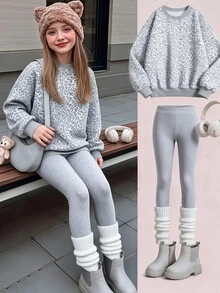 Tween Girls Leopard Print Crew Neck Sweatshirt Set, Personalized Gray Leopard Print Set, Personalized Sweatshirt, Suitable For Autumn/Winter, Daily Streetwear, Casual Styling, Energetic Outfit, Casual Outings, Basic Style, Comfortable And Easy To Wear, Daily Casual - Multicolor - View 1