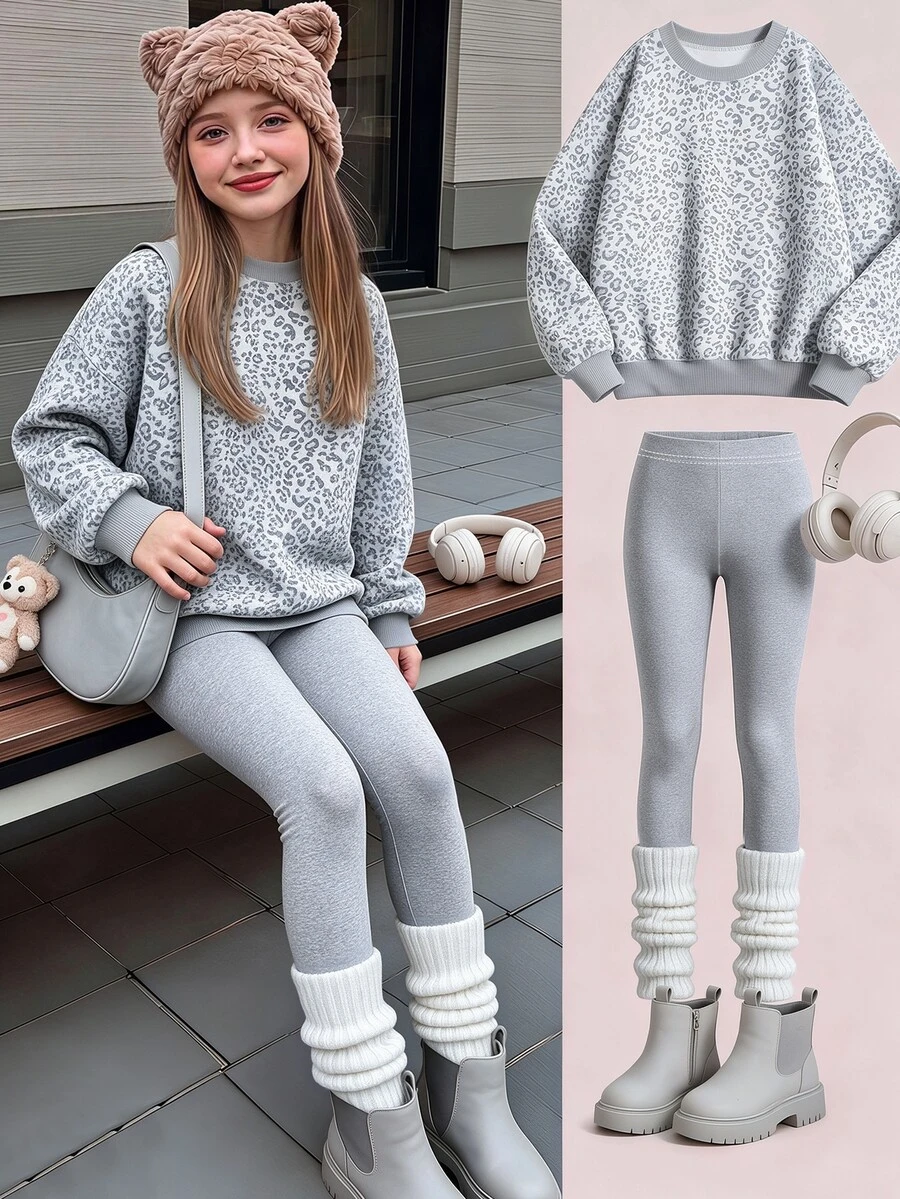 Tween Girls Leopard Print Crew Neck Sweatshirt Set, Personalized Gray Leopard Print Set, Personalized Sweatshirt, Suitable For Autumn/Winter, Daily Streetwear, Casual Styling, Energetic Outfit, Casual Outings, Basic Style, Comfortable And Easy To Wear, Daily Casual - Multicolor - View 1