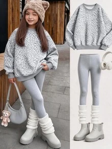 Tween Girls Leopard Print Crew Neck Sweatshirt Set, Personalized Gray Leopard Print Set, Personalized Sweatshirt, Suitable For Autumn/Winter, Daily Streetwear, Casual Styling, Energetic Outfit, Casual Outings, Basic Style, Comfortable And Easy To Wear, Daily Casual - Multicolor - View 4