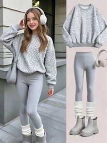 Tween Girls Leopard Print Crew Neck Sweatshirt Set, Personalized Gray Leopard Print Set, Personalized Sweatshirt, Suitable For Autumn/Winter, Daily Streetwear, Casual Styling, Energetic Outfit, Casual Outings, Basic Style, Comfortable And Easy To Wear, Daily Casual - Multicolor - View 3