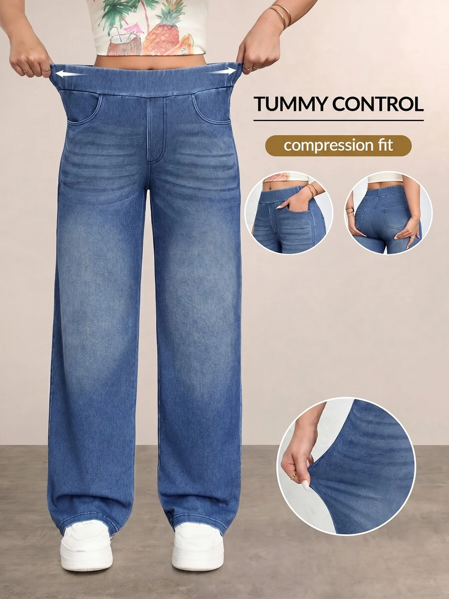 Flexra Plus Size Women's All Season Stretch Casual Simple Knit Denim Jeans Vacation Light Blue Summer Dates Brunch - Medium Wash - View 1