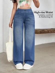 Flexra Plus Size Women's All Season Stretch Casual Simple Knit Denim Jeans Vacation Light Blue Summer Dates Brunch - Medium Wash - View 8