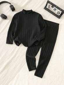 SHEIN 兒童 2 件組 青少年男孩/小男孩休閒配色保暖領長袖上衣與長褲內衣套裝 生日禮物 - 彩色 - 查看 8
