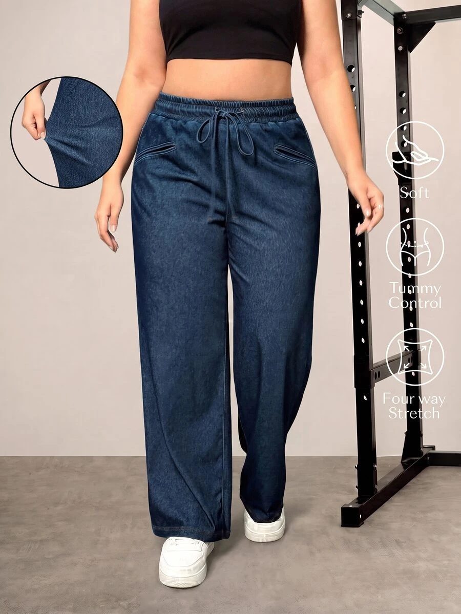 Flexra Plus Size Solid Color Twist Elastic Waist Casual Jeans - Royal Blue - View 1