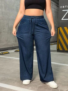 Flexra Plus Size Solid Color Twist Elastic Waist Casual Jeans - Royal Blue - View 3