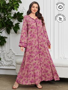 Al Najma Printed Contrast V-Neck Flare Dress, Arabic Style For Women, Spring/Summer,Modest Abaya Dubai - Multicolor - View 5