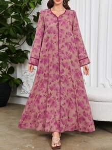 Al Najma Printed Contrast V-Neck Flare Dress, Arabic Style For Women, Spring/Summer,Modest Abaya Dubai - Multicolor - View 8