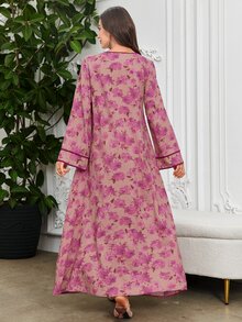 Al Najma Printed Contrast V-Neck Flare Dress, Arabic Style For Women, Spring/Summer,Modest Abaya Dubai - Multicolor - View 2