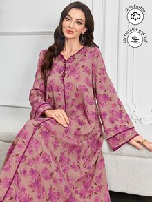 Al Najma Printed Contrast V-Neck Flare Dress, Arabic Style For Women, Spring/Summer,Modest Abaya Dubai - Multicolor - View 7