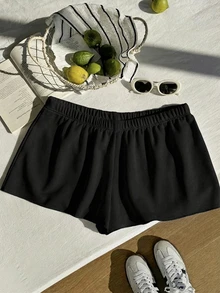 Comfortcana Plus Size Solid Color Elastic Waist Loose Casual Shorts, Versatile For Spring/Summer - Black - View 7