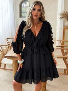 Ceyna Plus Size Women Summer Black Ruffle V-Neck 3/4 Sleeve Multi-Layer A-Line Dress Elegant Autumn Party Cocktail French Style Fall New Year - Black - View 2