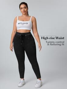 Flexra Pantalones vaqueros casuales de color liso talla grande, adecuados para el verano - Negro - Ver 3