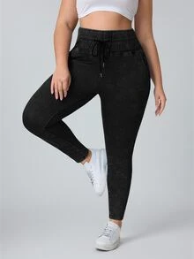 Flexra Pantalones vaqueros casuales de color liso talla grande, adecuados para el verano - Negro - Ver 5