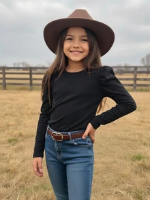 Emery Rose Kids Emery Rose Kids 女童素色百褶休閒日常長袖T恤 - 黑色 - 查看 3