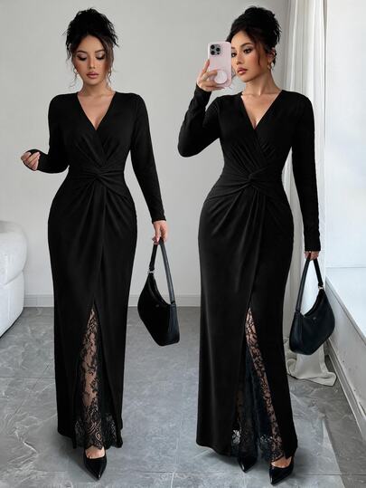 Elenzga Vestido negro de mujer con escote en V profundo, cintura retorcida, abertura lateral, patchwork de encaje, cola de sirena ajustada, vestido de cóctel de noche para cena de Año Nuevo, elegante de otoño