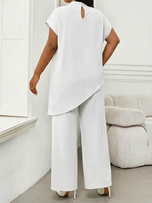 SHEIN Lady 優雅女款白色兩件式套裝，不對稱下擺高領上衣搭配飄逸寬腿長褲，展現現代風格 - 白色 - 查看 2