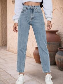 EMERY ROSE High Waist Straight Leg Jeans - Light Wash - View 1