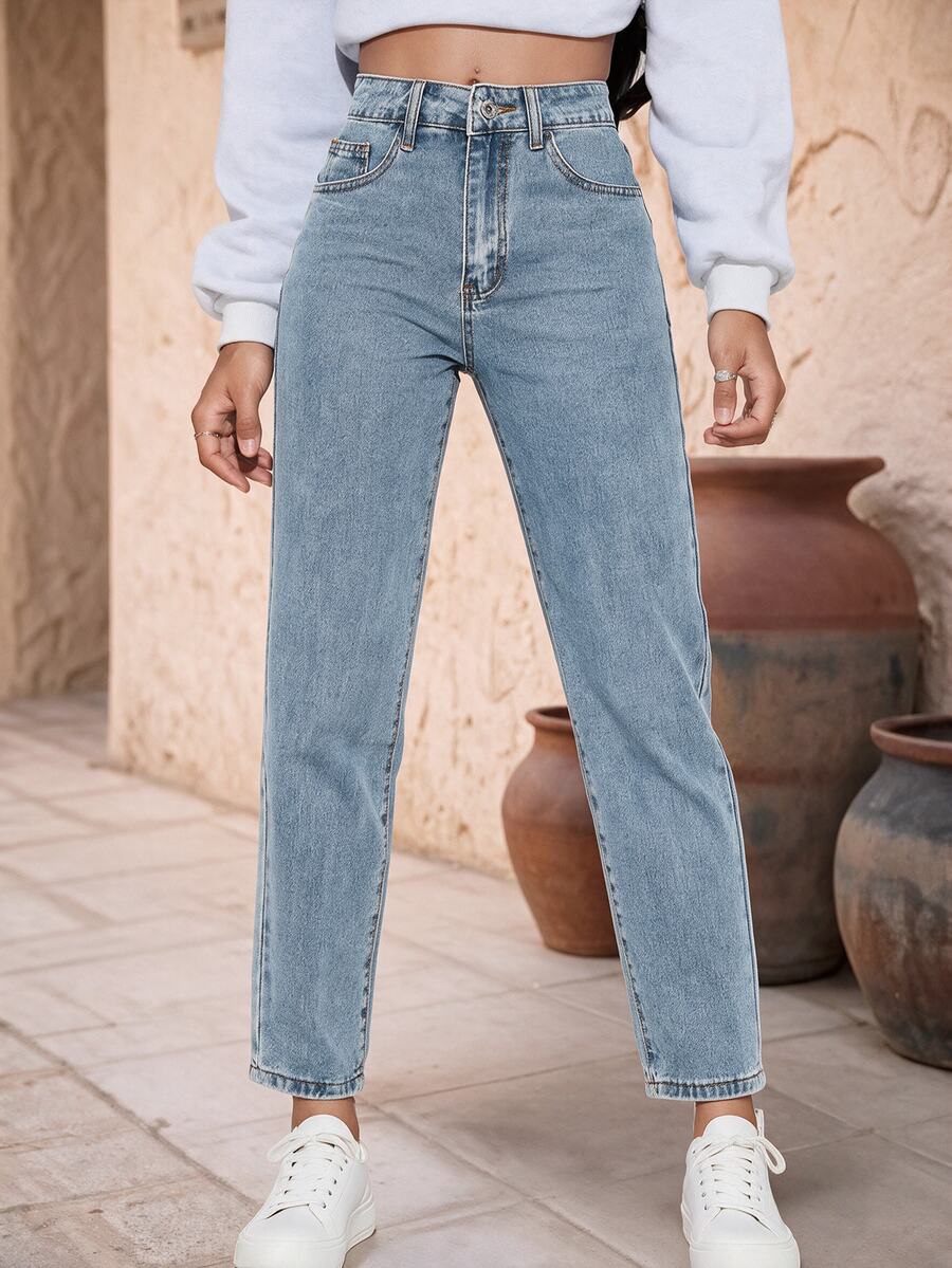 EMERY ROSE High Waist Straight Leg Jeans - Light Wash - View 1