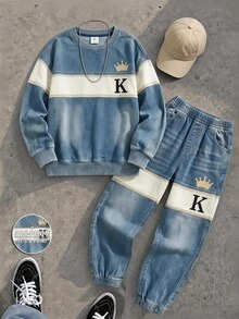 2pcs Tween Boys Sweatshirt Set Casual Blue White K Letter Crown Print Long Sleeve Drop Shoulder Crewneck Fall Back To School School - Multicolor - View 1