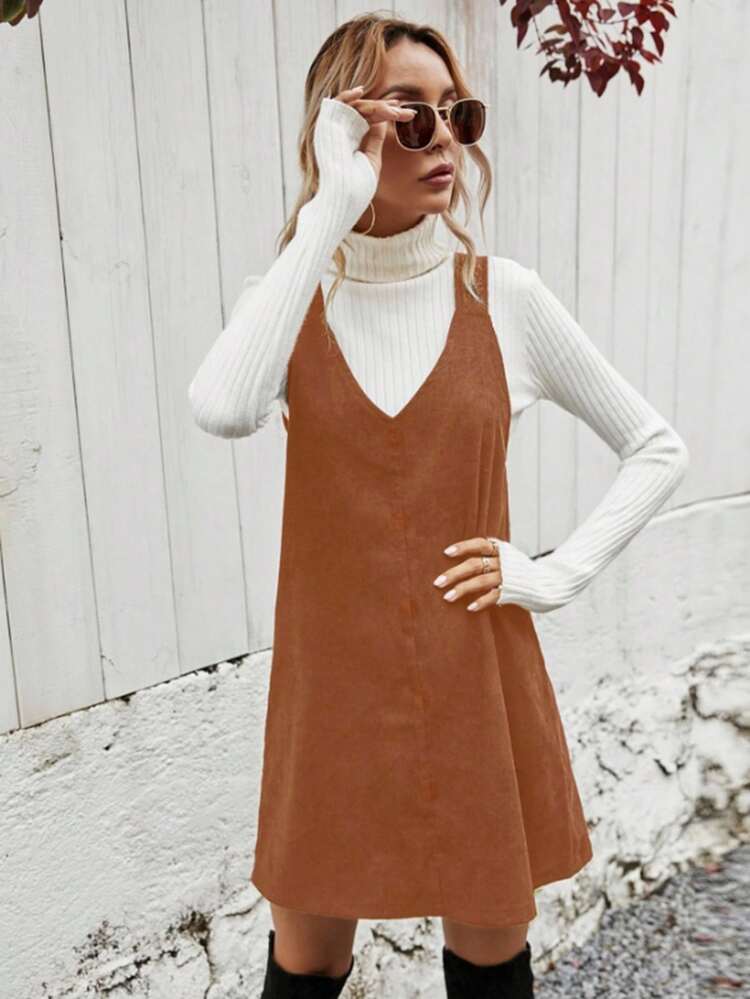 EMERY ROSE Women's Casual Brown Corduroy Dress, Autumn - Rust Brown - View 4