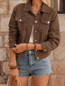 EMERY ROSE Flap Pocket Button Front Denim Jacket Everyday Travel Coffee Brown Fall Casual Streetwear Going Out - Brown - View 1