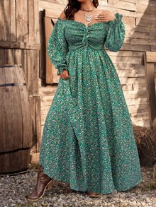 Ceyna Spring/Summer New Women's Vintage V-Neck Puff Sleeve Long Sleeve Drawstring Floral Romantic Elegant Fashion Bohemian Vacation Maxi Dress - Green - View 3