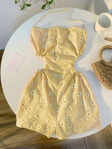 Comfortcana Summer Casual Yellow Plaid & Daisy Print Backless Jumpsuit For Women - Yellow - View 4