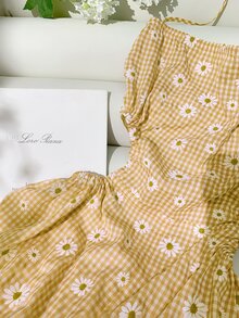 Comfortcana Summer Casual Yellow Plaid & Daisy Print Backless Jumpsuit For Women - Yellow - View 3