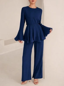 Graceveil Pink Round Neck Flare Sleeve Loose Wide Hem, Women's 2 Pieces Set For Daily Wear Office Fall Elegant Modest - Royal Blue - View 9
