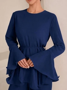 Graceveil Pink Round Neck Flare Sleeve Loose Wide Hem, Women's 2 Pieces Set For Daily Wear Office Fall Elegant Modest - Royal Blue - View 5
