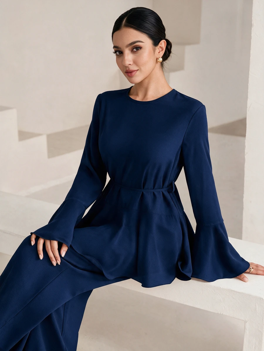 Graceveil Pink Round Neck Flare Sleeve Loose Wide Hem, Women's 2 Pieces Set For Daily Wear Office Fall Elegant Modest