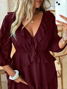 Flirla Plus Size Women's Ruffle V-Neck Cinched Waist 3/4 Sleeve Multi-Layer Elegant Romantic Dress Flowy Wedding Date Night Brunch Party Fall Burgundy - Burgundy - View 4