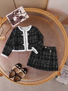 SHEIN Baby Girl Plaid Long Sleeve Cardigan & Skirt Set - Black - View 1